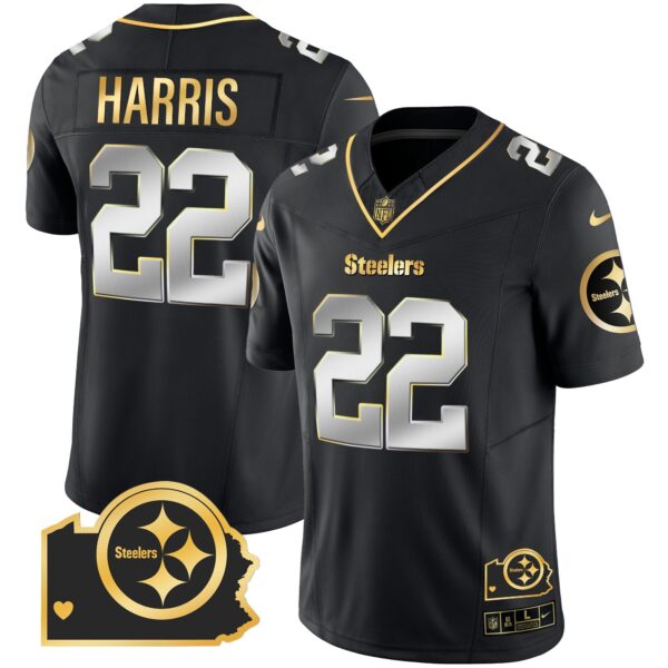 Steelers Home Patch Gold Vapor Jersey – All Stitched – Black Limited – Najee Harris Jersey
