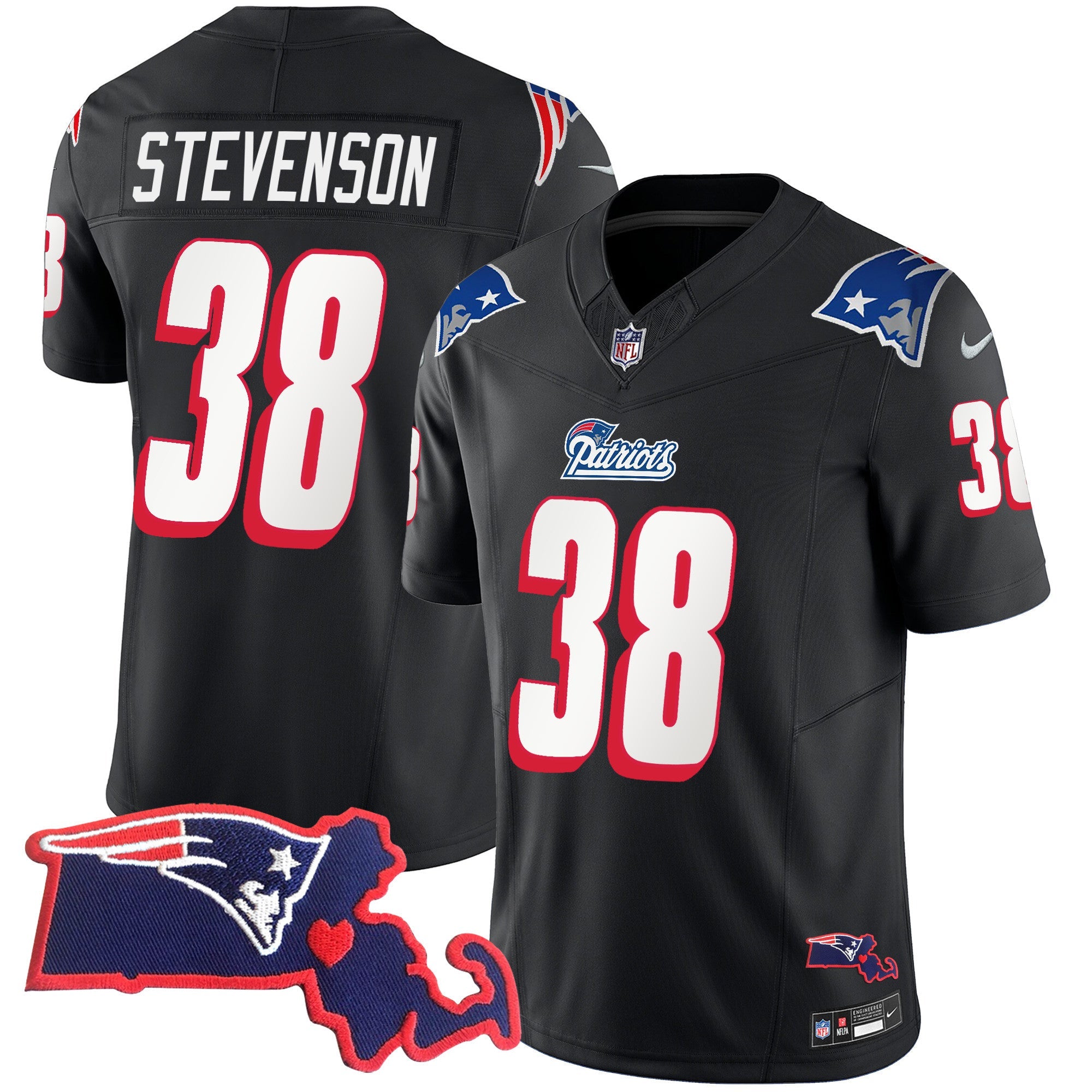 Patriots 1996 Throwback State Patch Vapor Jersey – All Stitched – Black – Rhamondre Stevenson Jersey
