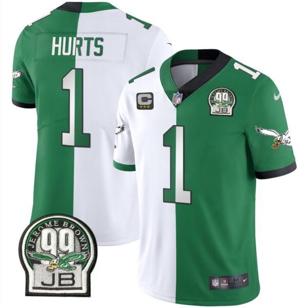 Eagles Jerome Brown Retired Patch Gold & Kelly Jersey – All Stitched – Split – Jalen Hurts Jersey