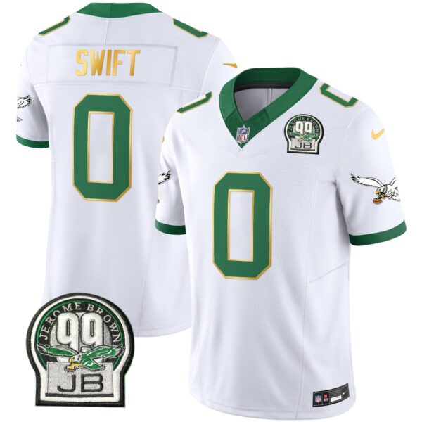 Eagles Jerome Brown Patch Kelly Green Gold Trim Jersey – All Stitched – Kelly White – D’Andre Swift Jersey