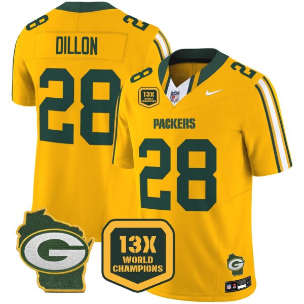 Packers 13 Time World Champions & Home Patch Vapor Limited Jersey – All Stitched – Gold – AJ Dillon Jersey
