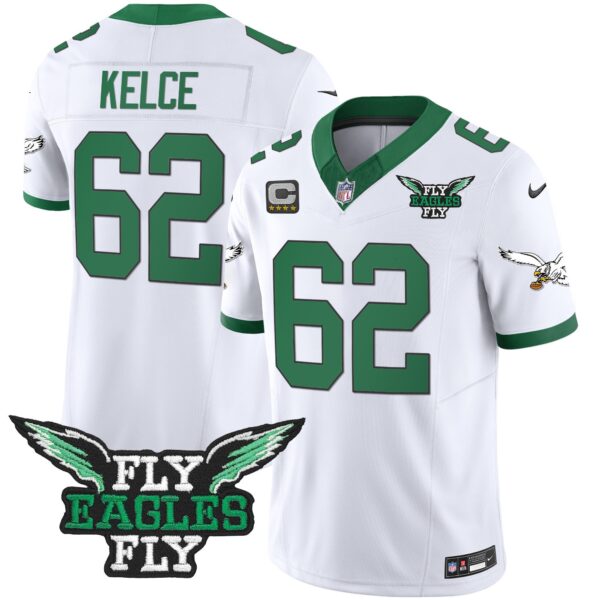 Fly Eagles Fly Patch Throwback Kelly Green Vapor Jersey – All Stitched – Kelly White – Jason Kelce Jersey