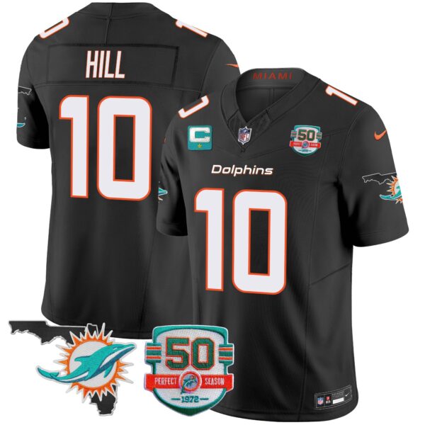 Dolphins 50th Perfect Season & Florida Patch Vapor Jersey – All Stitched – Black – Tyreek Hill Jersey