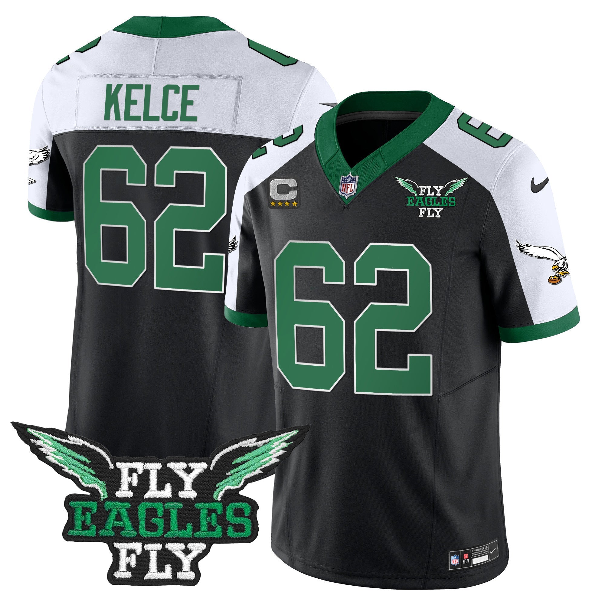 Fly Eagles Fly Patch Throwback Kelly Green Vapor Jersey – All Stitched – Black Alternate – Jason Kelce Jersey
