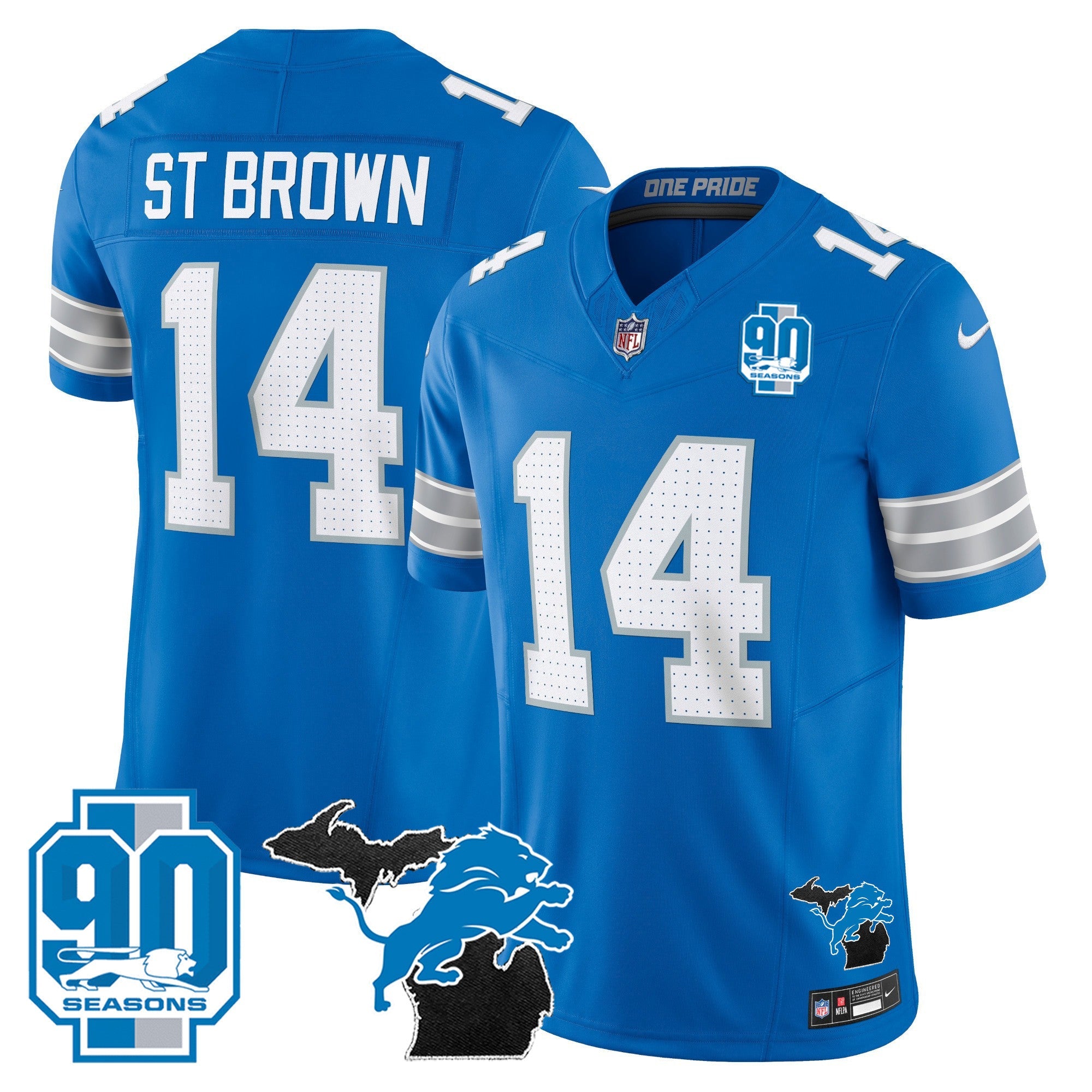 Detroit Lions 2024 Michigan & 90th Year Patch Vapor Jersey – All Stitched – Blue – St. Brown Jersey