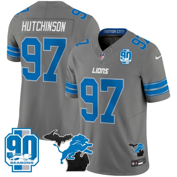 Detroit Lions 2024 Michigan & 90th Year Patch Vapor Jersey – All Stitched – Gray – Hutchinson Jersey