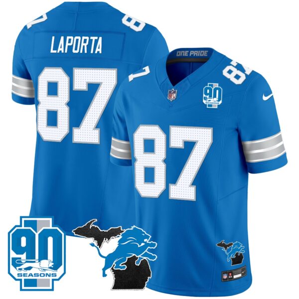 Detroit Lions 2024 Michigan & 90th Year Patch Vapor Jersey – All Stitched – Blue – Sam Laporta Jersey