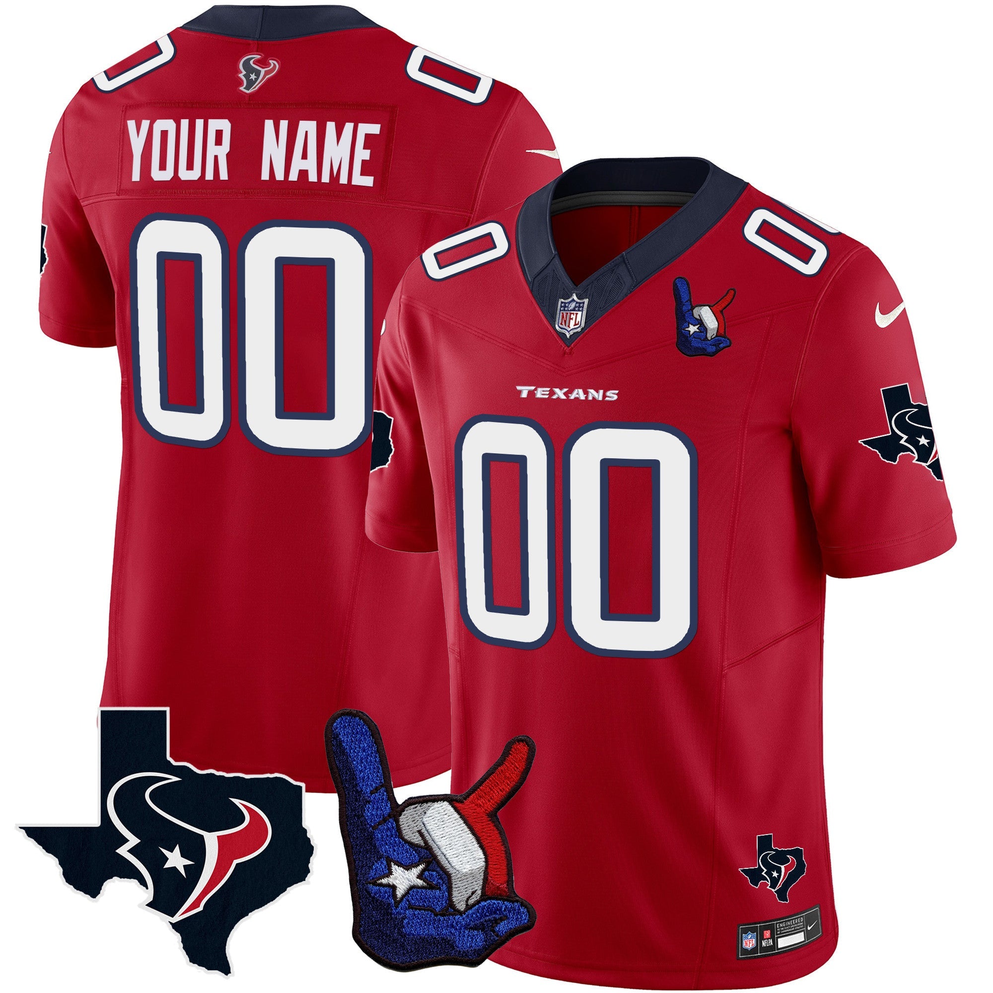 Houston Texans Hand Sign Throwing Up The H Vapor Custom Jersey – All Stitched – Red Jersey