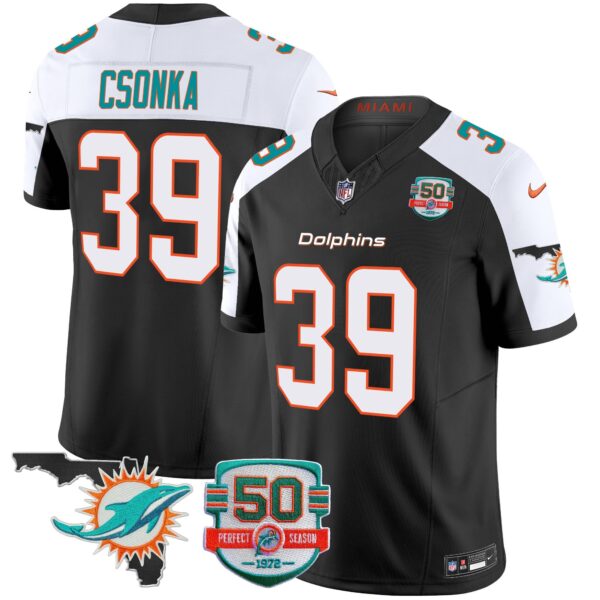 Dolphins 50th Perfect Season & Florida Patch Vapor Jersey – All Stitched – Black Alternate – Larry Csonka Jersey