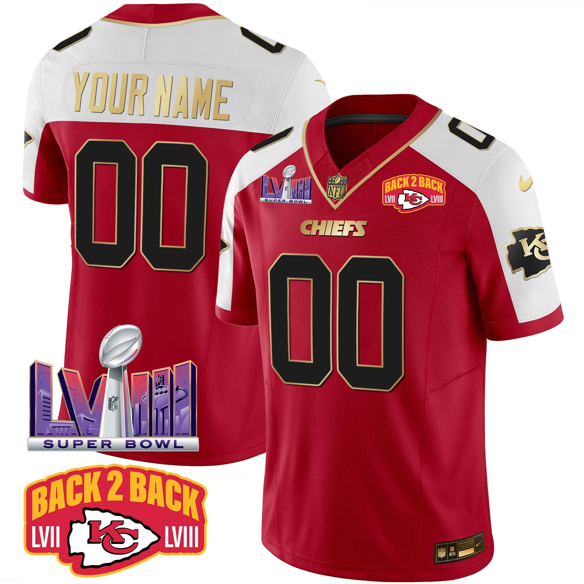 Chiefs Super Bowl LVIII & Back 2 Back Patch Vapor Custom Jersey – All Stitched – Red Alternate Jersey