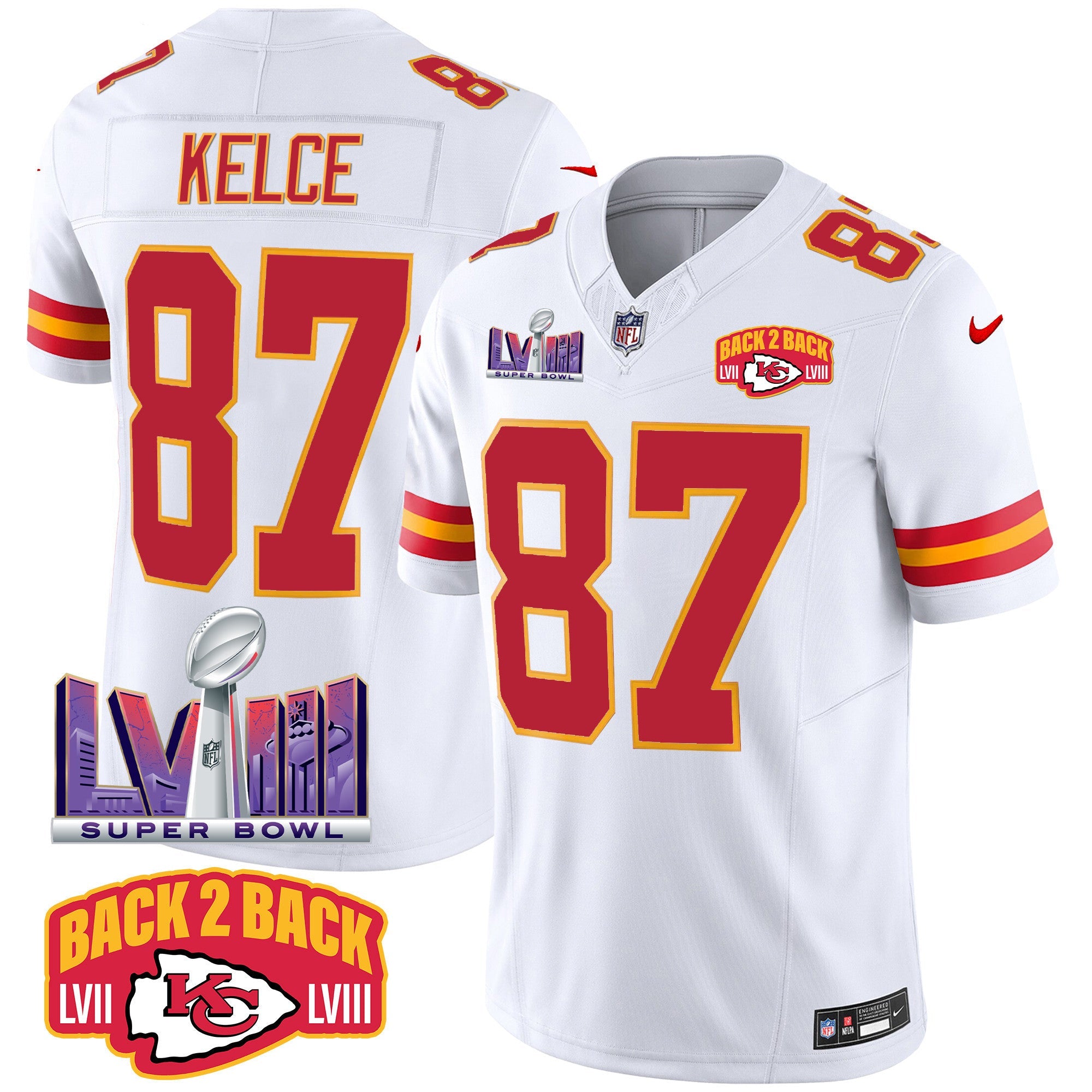 Chiefs Super Bowl LVIII & Back 2 Back Patch Vapor Jersey – All Stitched – White – Travis Kelce Jersey