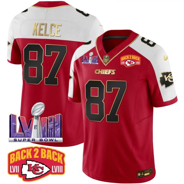 Chiefs Super Bowl LVIII & Back 2 Back Patch Vapor Jersey – All Stitched – Red Alternate – Travis Kelce Jersey