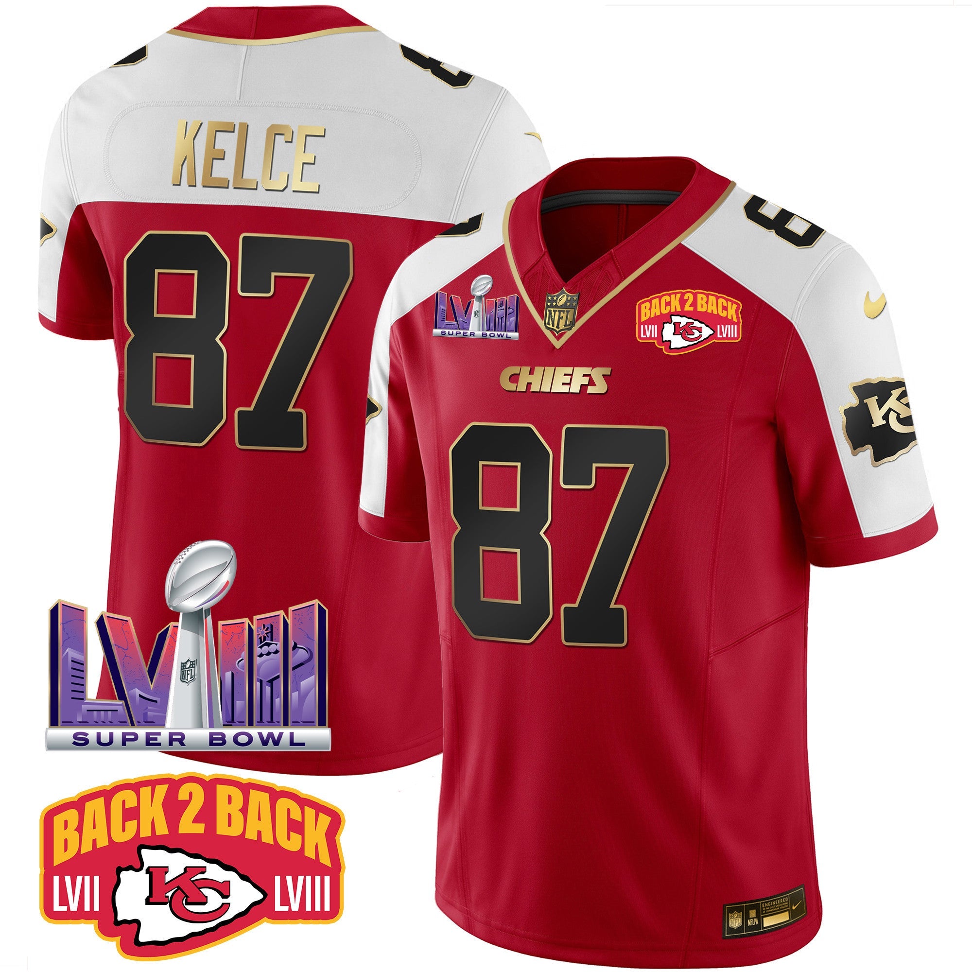 Chiefs Super Bowl LVIII & Back 2 Back Patch Vapor Jersey – All Stitched – Red Alternate – Travis Kelce Jersey