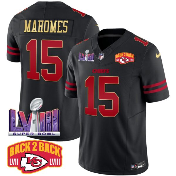 Chiefs Super Bowl LVIII & Back 2 Back Patch Vapor Jersey – All Stitched – Gold Trim – Patrick Mahomes Jersey