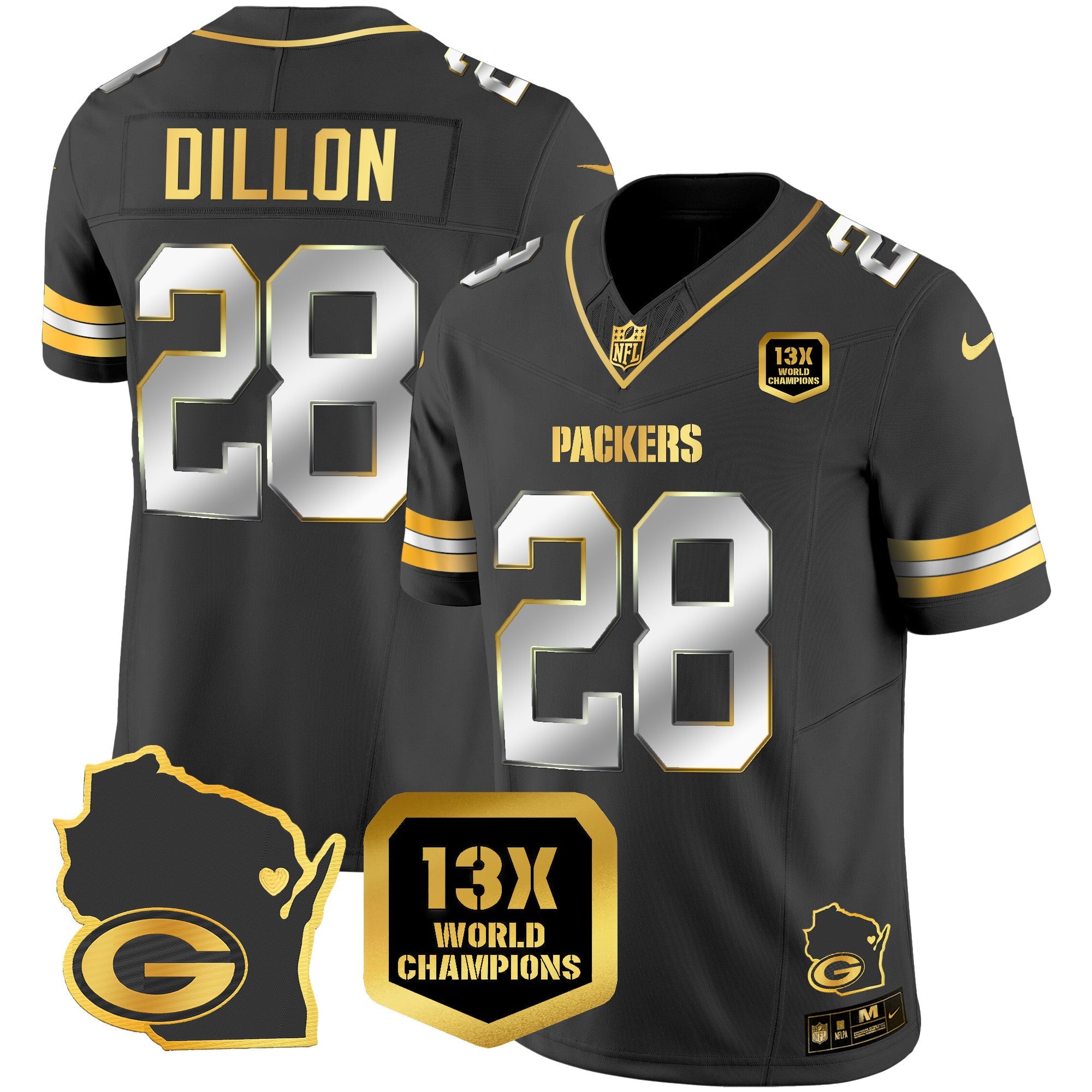 Packers 13 Time World Champions & Home Patch Gold Vapor Jersey V2 – All Stitched – Black Limited – AJ Dillon Jersey
