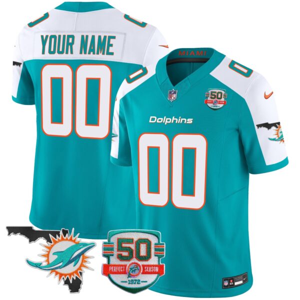 Dolphins 50th Perfect Season & Florida Patch Vapor Custom Jersey – All Stitched – Aqua Alternate Jersey