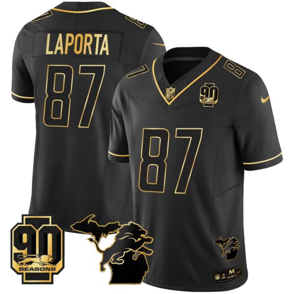 Detroit Lions 90th Year & Michigan Patch Gold Vapor Jersey – All Stitched – Black Gold – Sam Laporta Jersey
