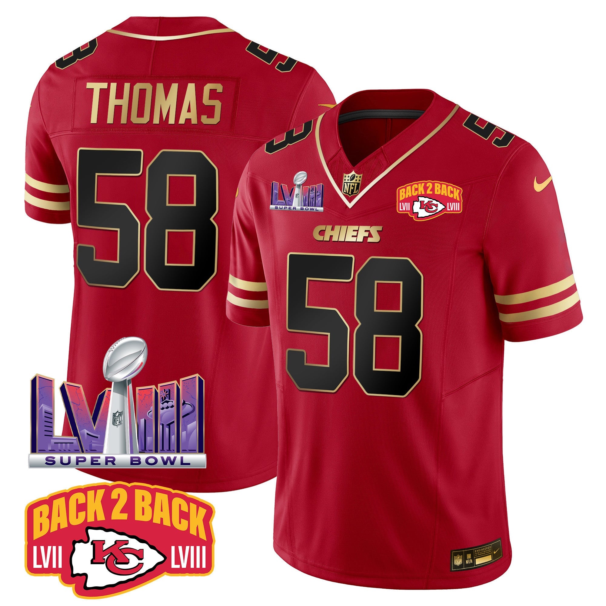 Chiefs Super Bowl LVIII & Back 2 Back Patch Vapor Jersey – All Stitched – Black Red – Derrick Thomas Jersey