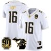 Detroit Lions 90th Year & Michigan Patch Gold Vapor Jersey – All Stitched – White Gold – Jared Goff Jersey