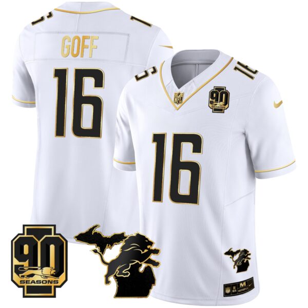 Detroit Lions 90th Year & Michigan Patch Gold Vapor Jersey – All Stitched – White Gold – Jared Goff Jersey