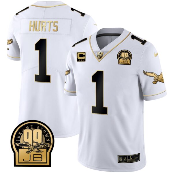 Eagles Jerome Brown Retired Patch Gold & Kelly Jersey – All Stitched – White Gold – Jalen Hurts Jersey