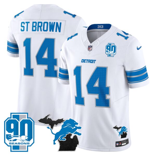 Detroit Lions 2024 Michigan & 90th Year Patch Vapor Jersey – All Stitched – White – St. Brown Jersey