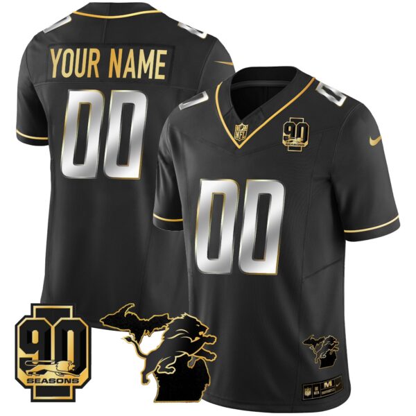 Detroit Lions 90th Year & Michigan Patch Gold Vapor Custom Jersey – All Stitched – Black Limited Jersey