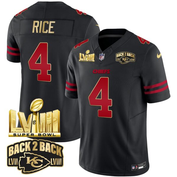 Chiefs Super Bowl LVIII & Back 2 Back Gold Patch Vapor Jersey – All Stitched – Gold Trim – Rashee Rice Jersey