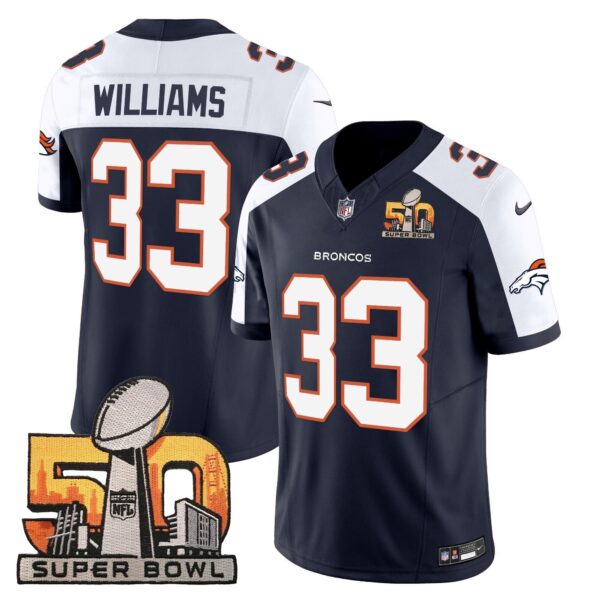 Denver Broncos Super Bowl 50 Patch Vapor Jersey – All Stitched – Navy Alternate – Javonte Williams Jersey