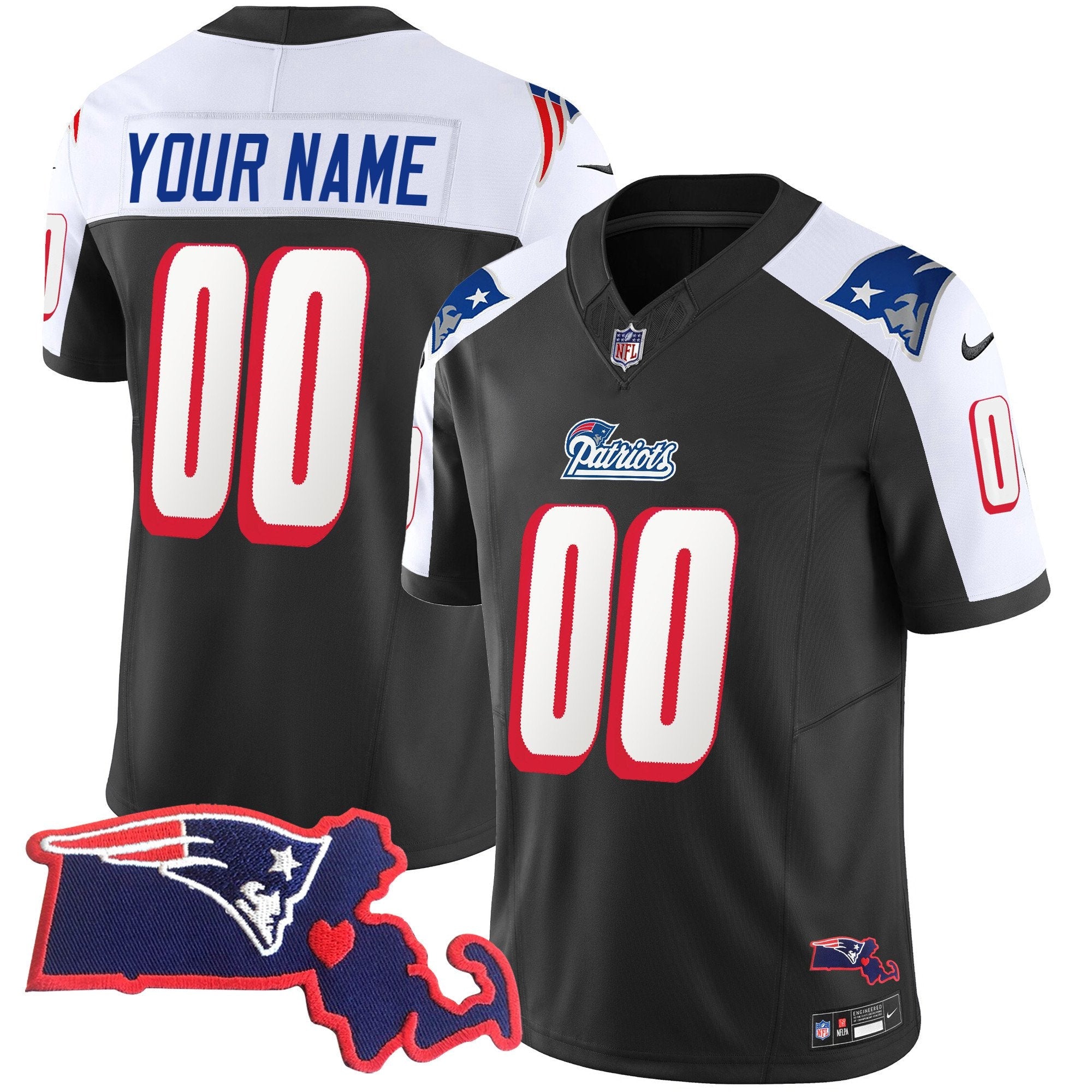 Patriots 1996 Throwback State Patch Vapor Custom Jersey – All Stitched – Black Alternate Jersey