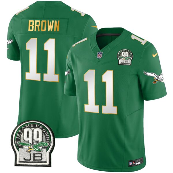 Eagles Jerome Brown Patch Kelly Green Gold Trim Jersey – All Stitched – Kelly Green – A.J. Brown Jersey
