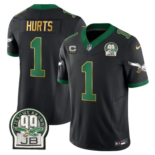 Eagles Jerome Brown Patch Kelly Green Gold Trim Jersey – All Stitched – Black – Jalen Hurts Jersey