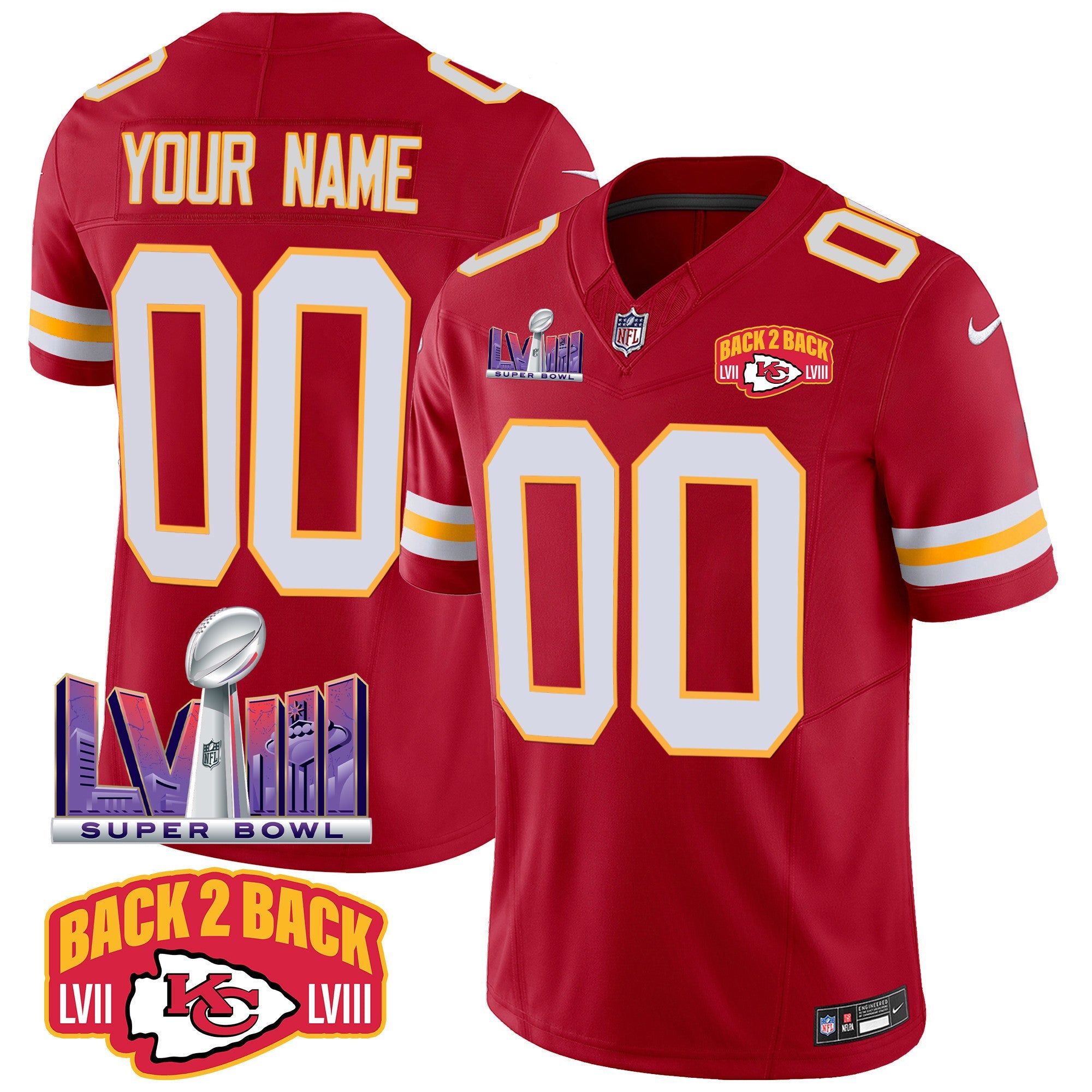 Chiefs Super Bowl LVIII & Back 2 Back Patch Vapor Custom Jersey – All Stitched – Red Jersey