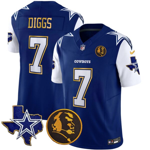 Cowboys Texas & John Madden Patch Gold Trim Vapor Jersey – All Stitched – Royal – Trevon Diggs Jersey