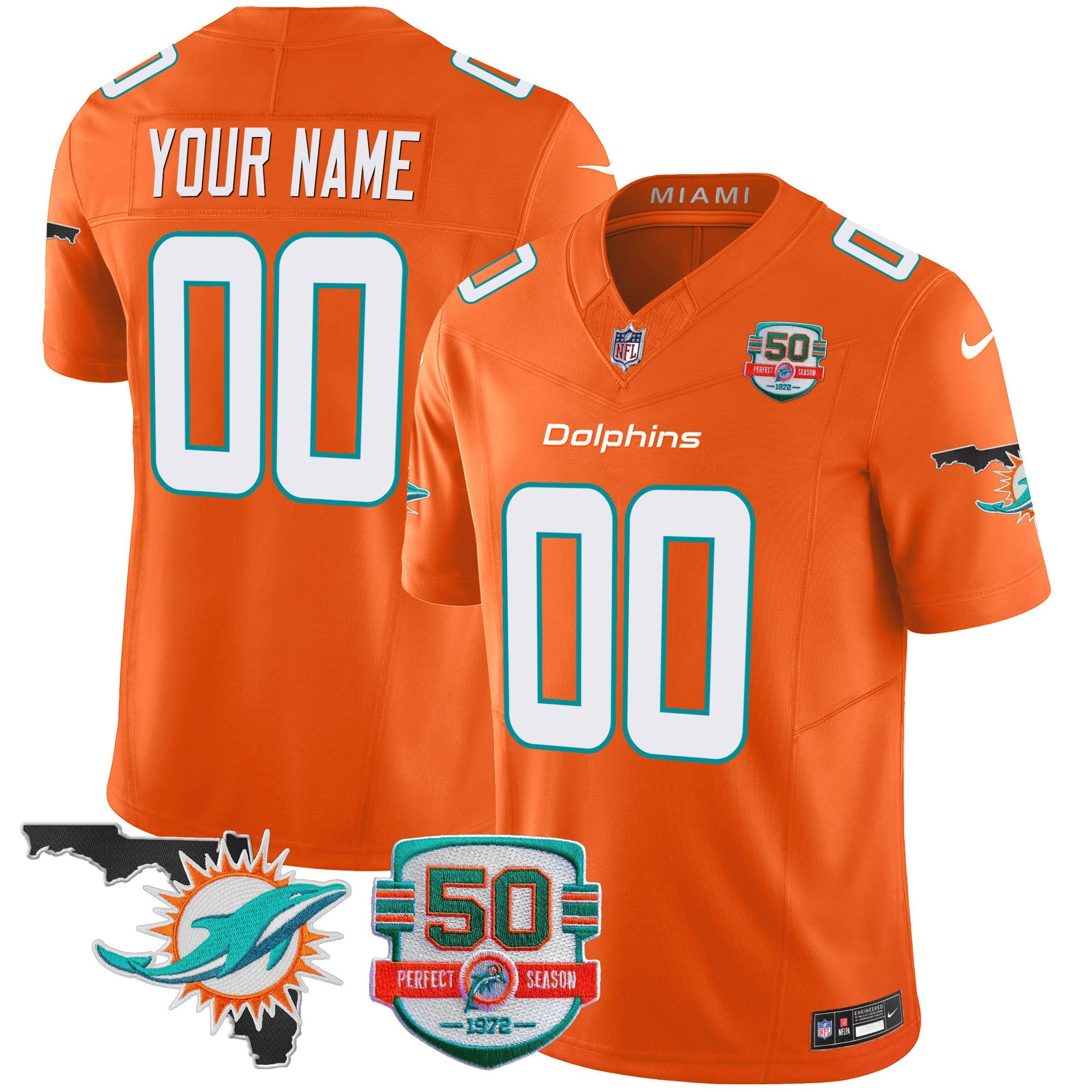 Dolphins 50th Perfect Season & Florida Patch Vapor Custom Jersey – All Stitched – Orange Jersey