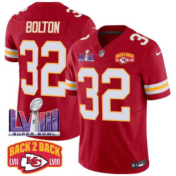Chiefs Super Bowl LVIII & Back 2 Back Patch Vapor Jersey – All Stitched – Red – Nick Bolton Jersey