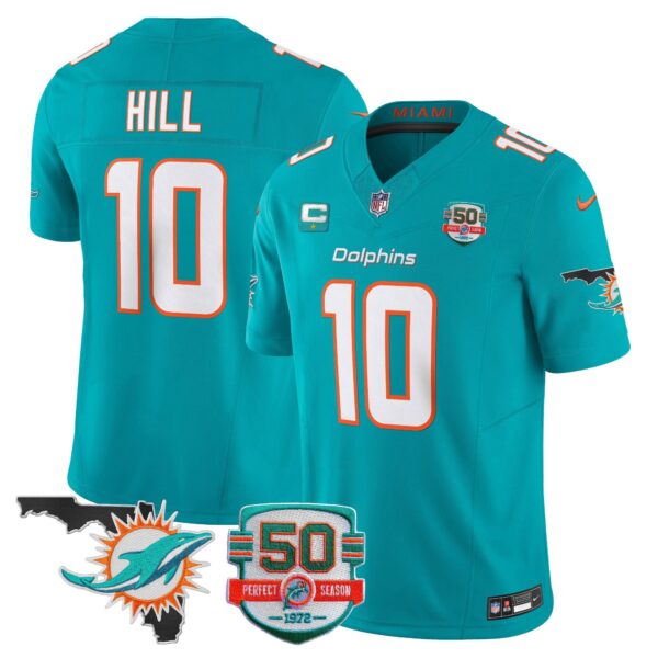 Dolphins 50th Perfect Season & Florida Patch Vapor Jersey – All Stitched – Aqua – Tyreek Hill Jersey