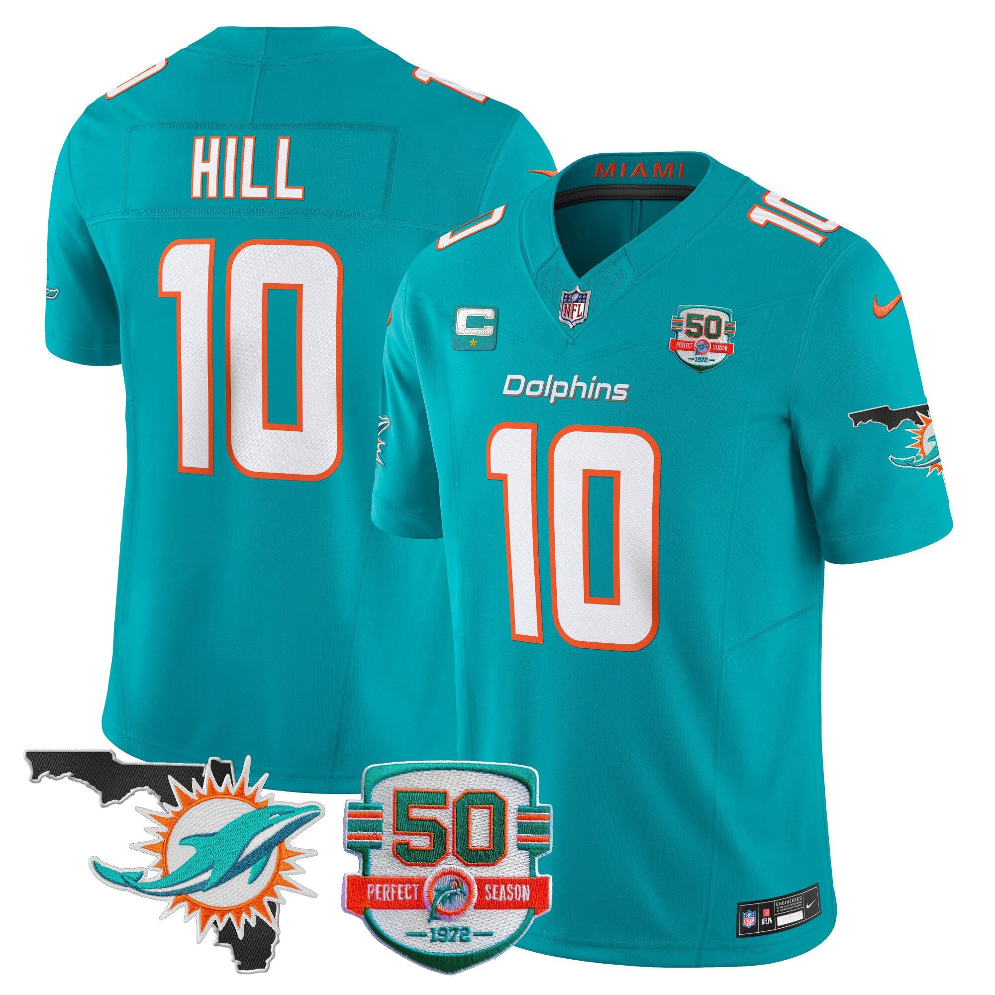 Dolphins 50th Perfect Season & Florida Patch Vapor Jersey – All Stitched – Aqua – Tyreek Hill Jersey