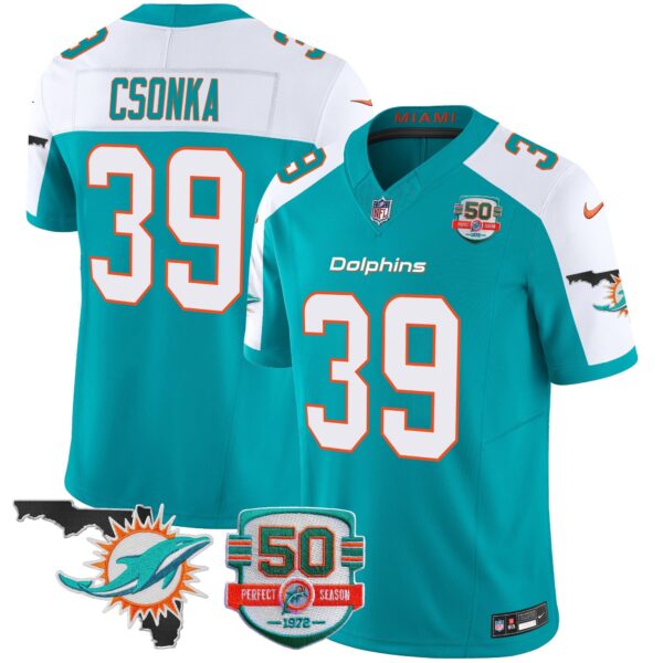 Dolphins 50th Perfect Season & Florida Patch Vapor Jersey – All Stitched – Aqua Alternate – Larry Csonka Jersey