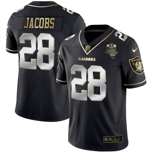 Raiders Inaugural Season Patch Gold & Split – All Stitched – Black Limited – Josh Jacobs Jersey