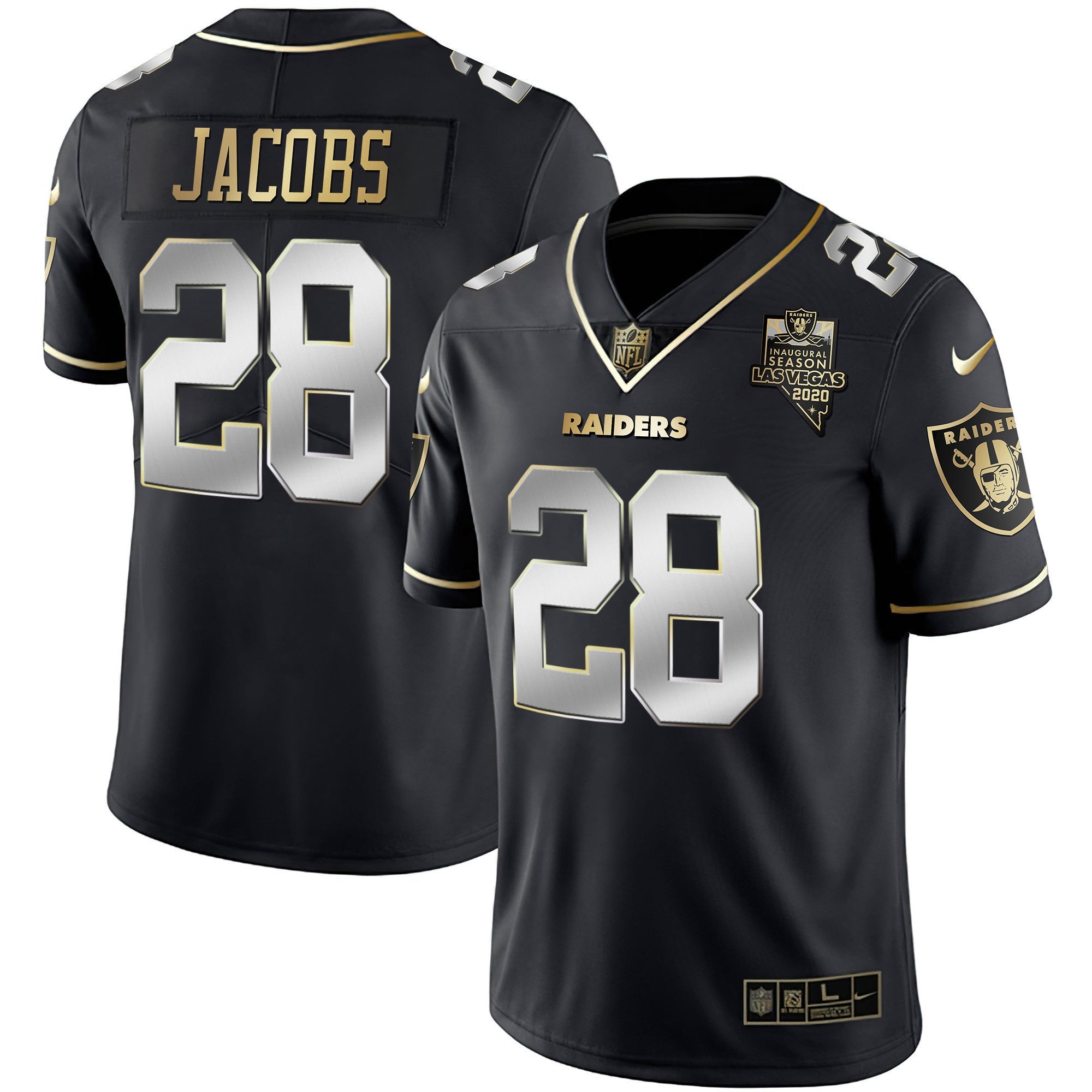 Raiders Inaugural Season Patch Gold & Split – All Stitched – Black Limited – Josh Jacobs Jersey
