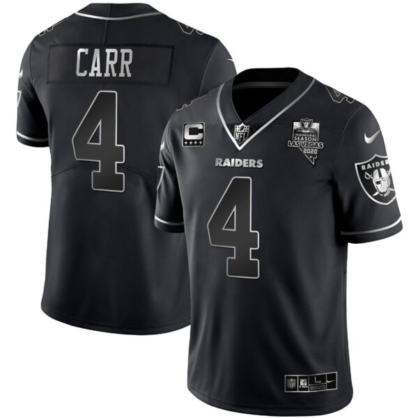 Raiders Inaugural Season Patch Gold & Split – All Stitched – Black Silver – Derek Carr Jersey