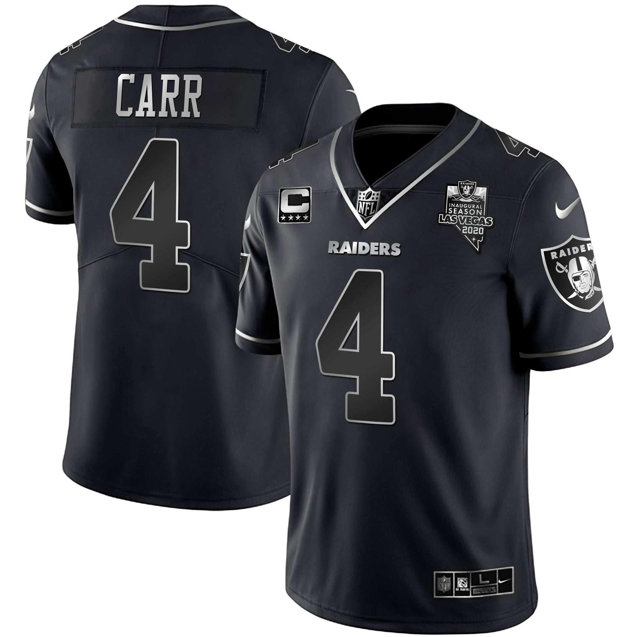 Raiders Inaugural Season Patch Gold & Split – All Stitched – Black Silver – Derek Carr Jersey