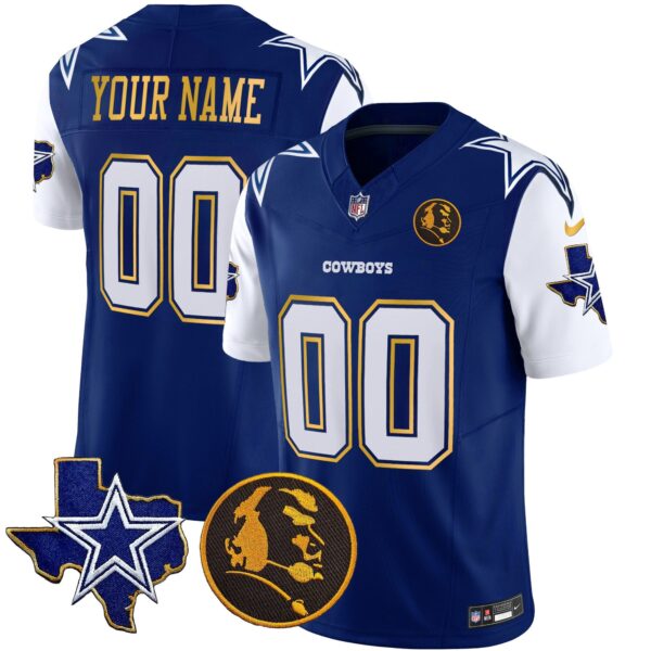 Cowboys Texas & John Madden Patch Gold Trim Vapor Custom Jersey – All Stitched – Royal Jersey