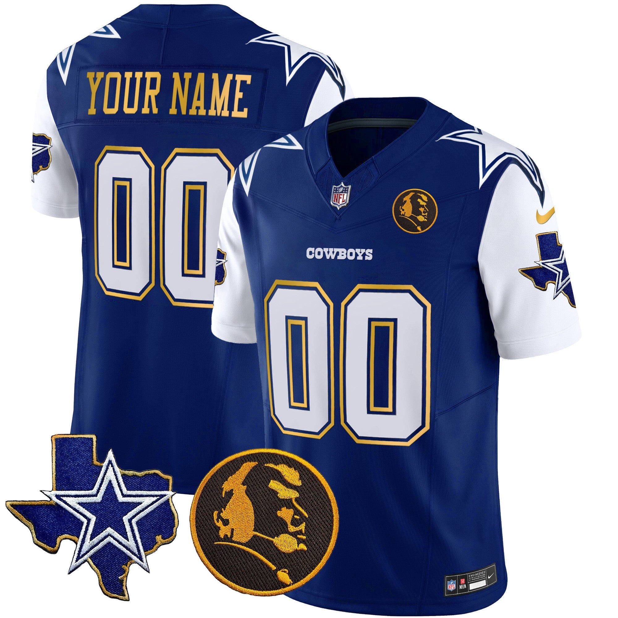 Cowboys Texas & John Madden Patch Gold Trim Vapor Custom Jersey – All Stitched – Royal Jersey