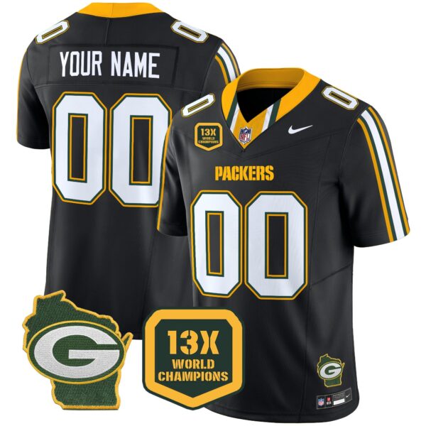 Packers 13 Time World Champions & Home Patch Vapor Limited Custom Jersey – All Stitched – Black Jersey