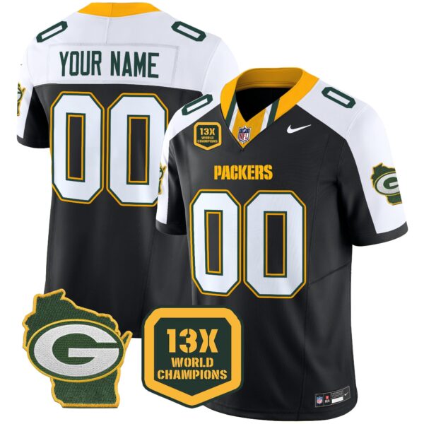 Packers 13 Time World Champions & Home Patch Vapor Limited Custom Jersey – All Stitched – Black Alternate Jersey