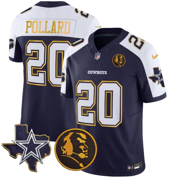 Cowboys Texas & John Madden Patch Gold Trim Vapor Jersey – All Stitched – Navy Alternate – Tony Pollard Jersey