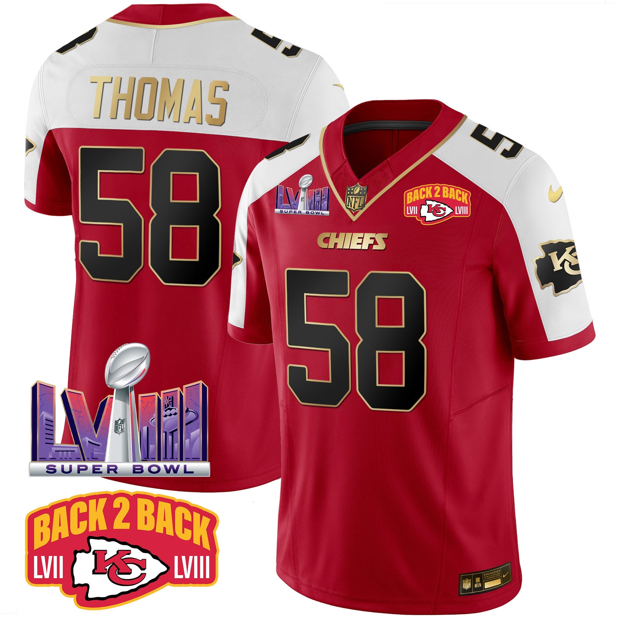 Chiefs Super Bowl LVIII & Back 2 Back Patch Vapor Jersey – All Stitched – Red Alternate – Derrick Thomas Jersey