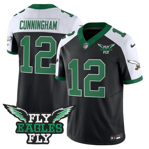Fly Eagles Fly Patch Throwback Kelly Green Vapor Jersey – All Stitched – Black Alternate – Randall Cunningham Jersey